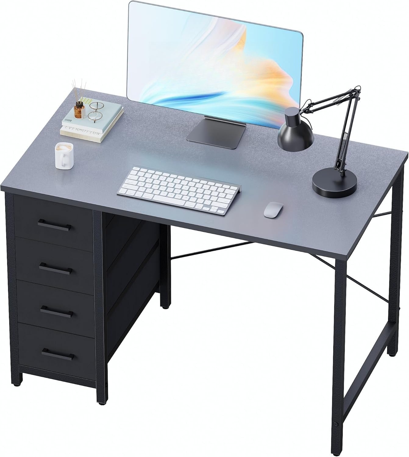 Grey 32" Small Desk With 4 Drawers