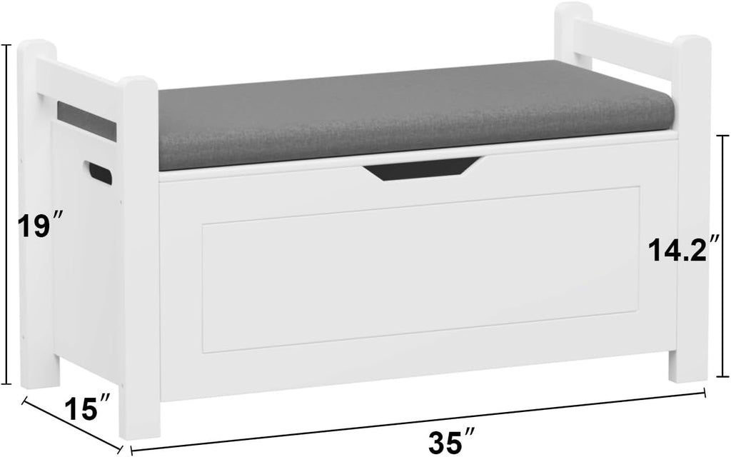 White Wooden Cushioned Entryway Storage Bench Chest