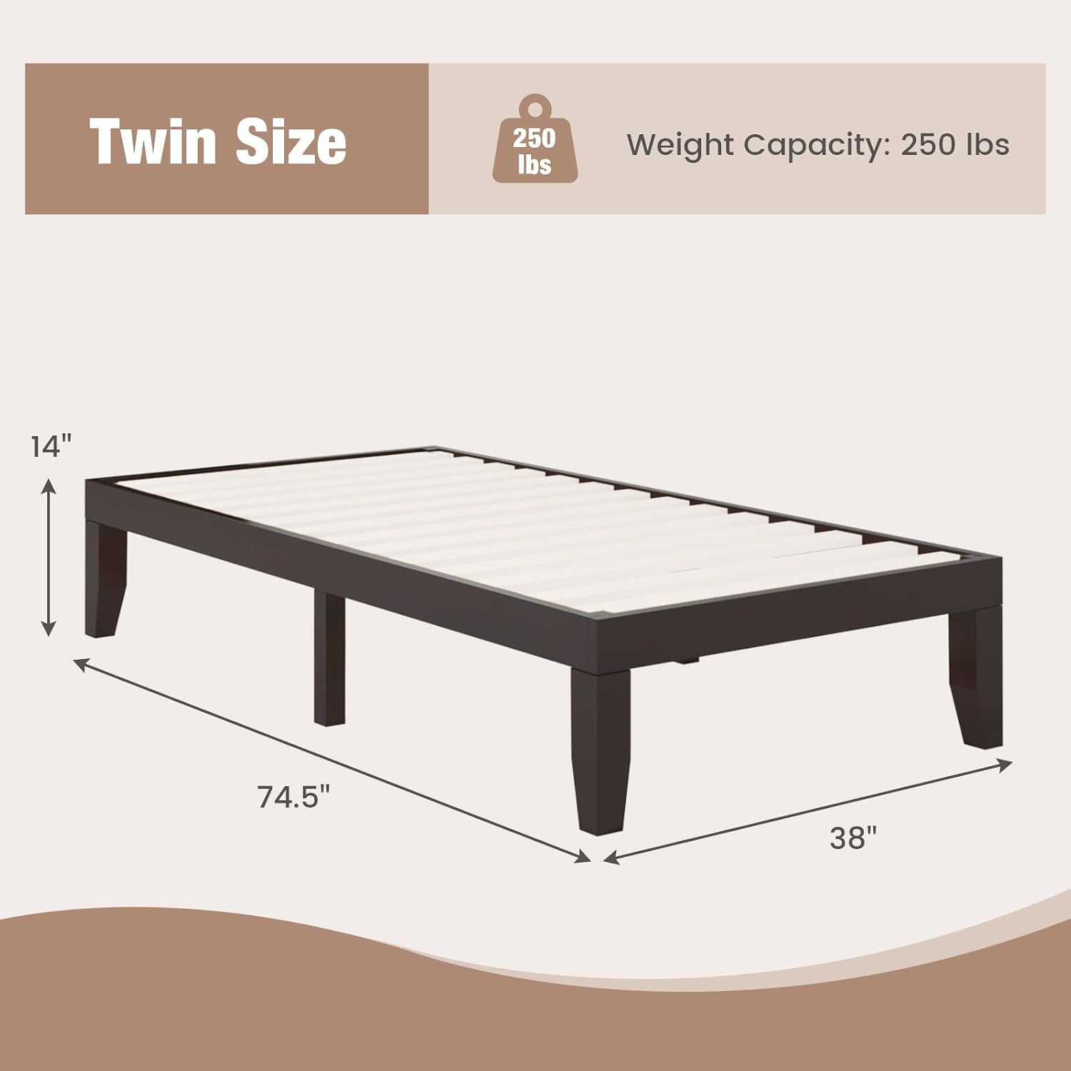 Espresso 14" Twin Wood Platform Bed Frame No Headboard