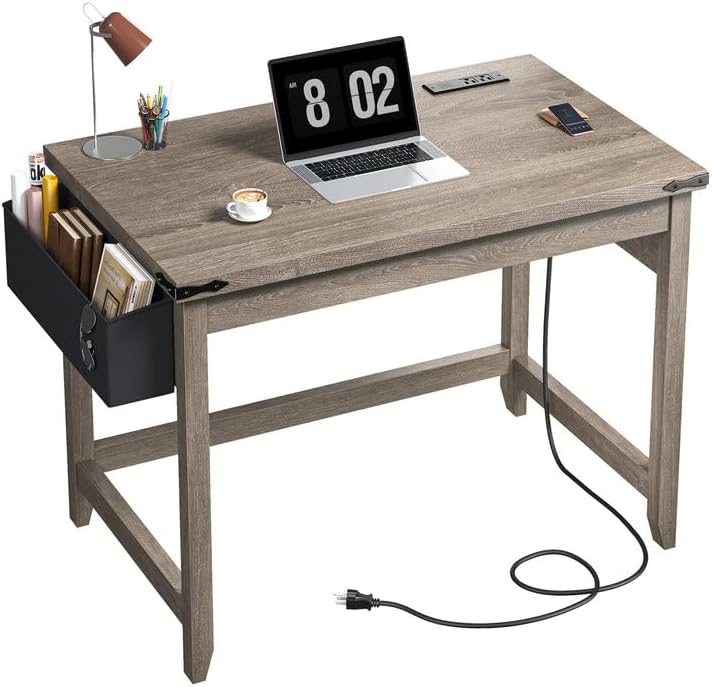 Gray 32" Farmhouse Desk With Power Outlet