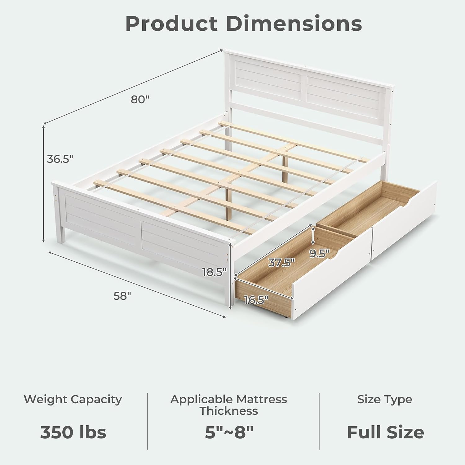 White Full Bed Frame With 2 Storage Drawers