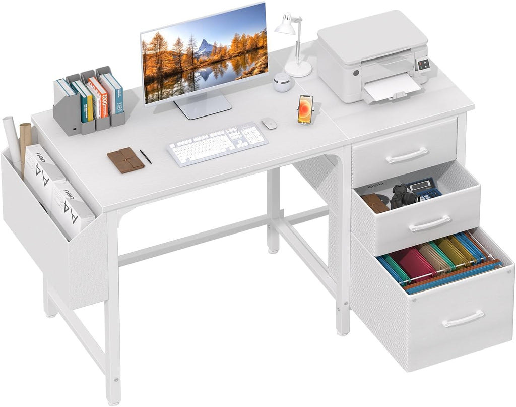 White 47" Desk With File Cabinet