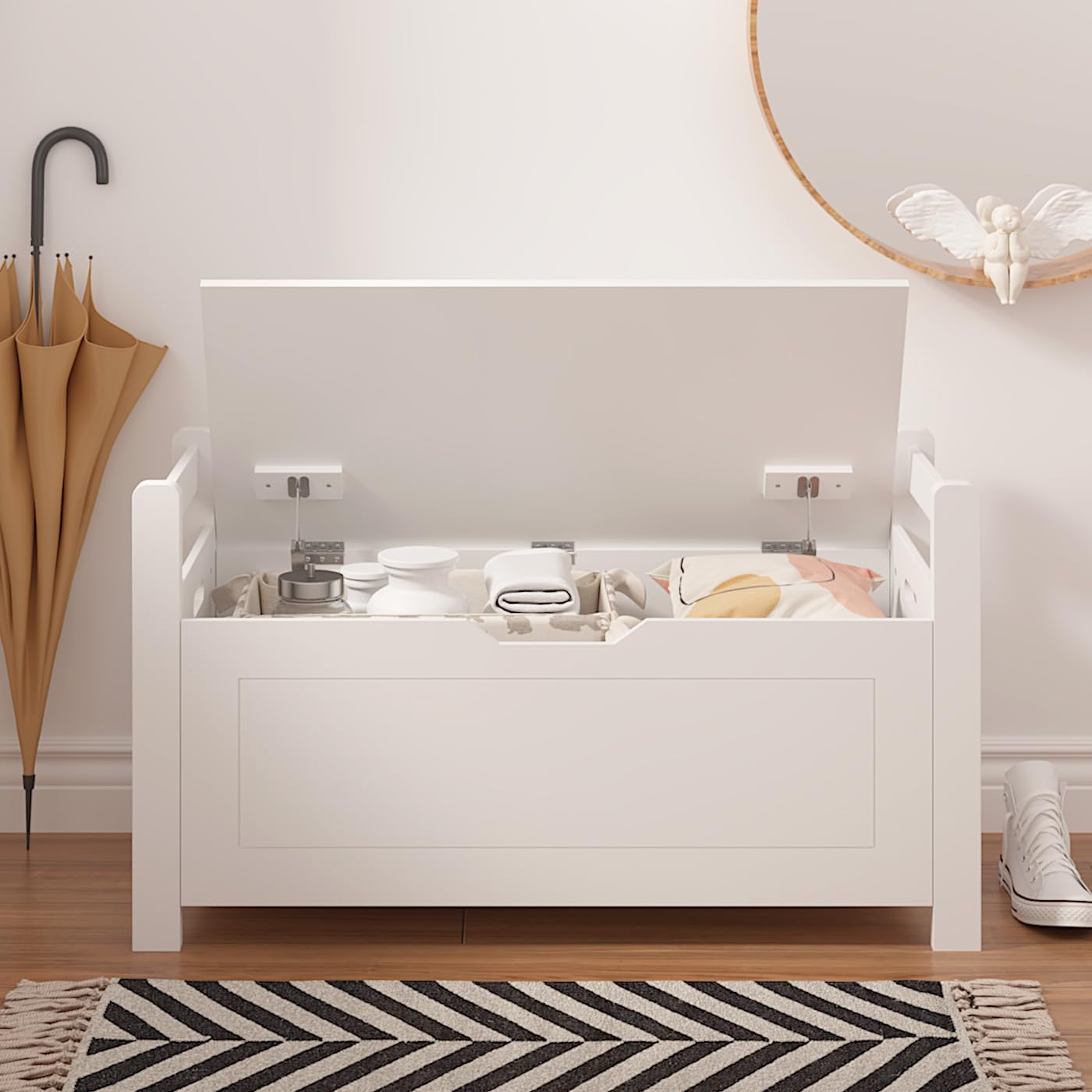 White Wooden Cushioned Entryway Storage Bench Chest