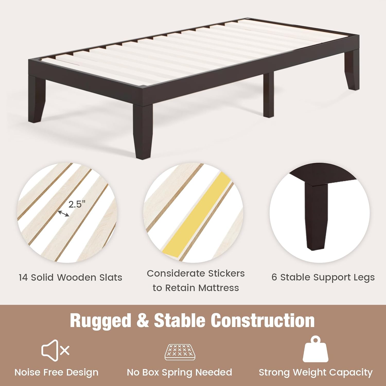Espresso 14" Twin Wood Platform Bed Frame No Headboard