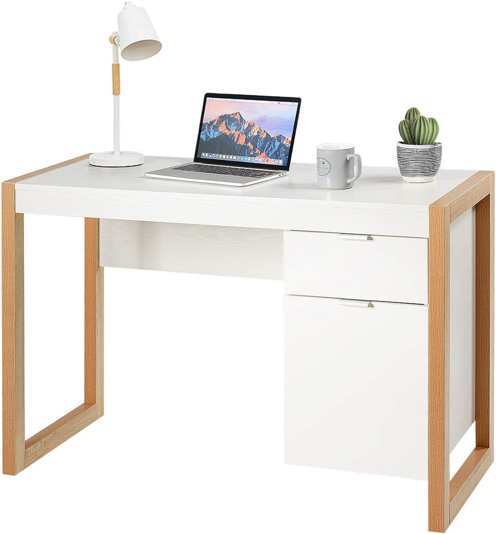 White‑Natural Wooden Office Desk With Storage