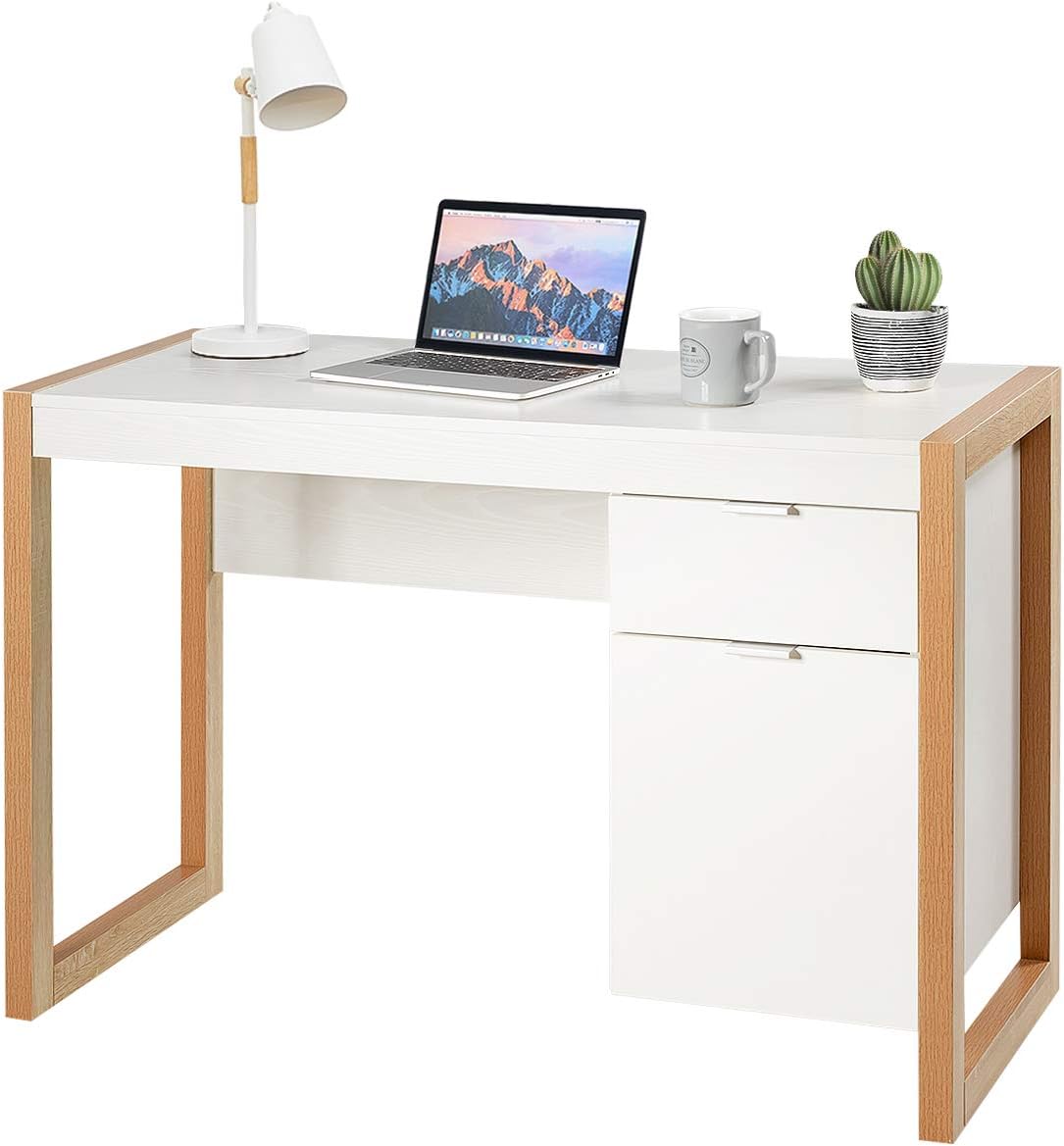 White‑Natural Wooden Office Desk With Storage