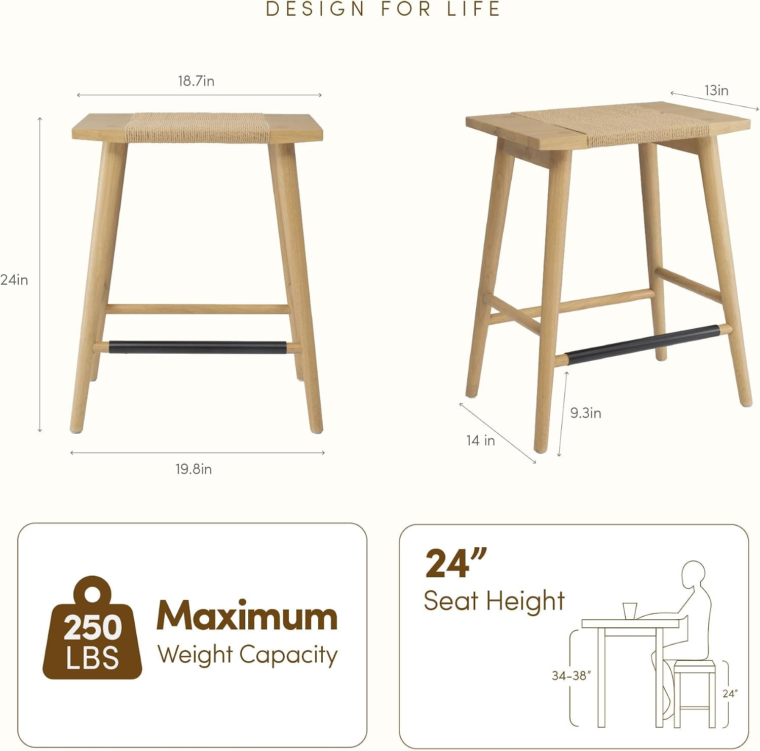 24" Light Oak Solid Wood Backless Counter Stool