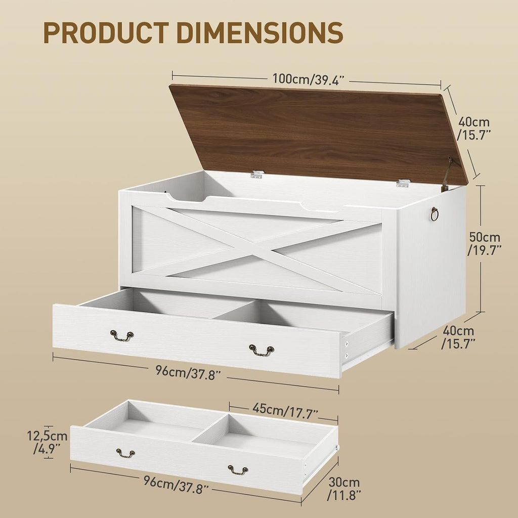39.4" White Walnut Lift‑Top Wooden Storage Bench Chest