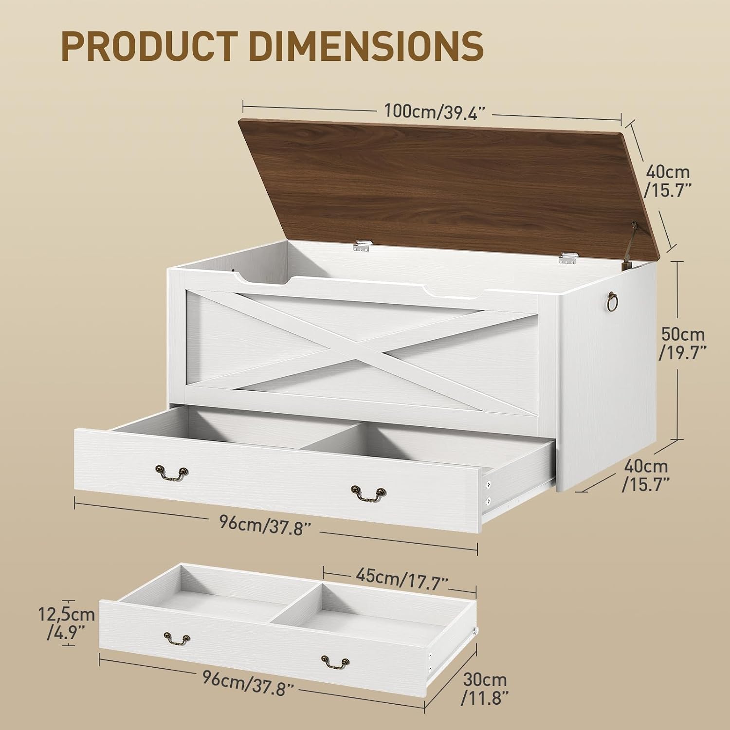 39.4" White Walnut Lift‑Top Wooden Storage Bench Chest