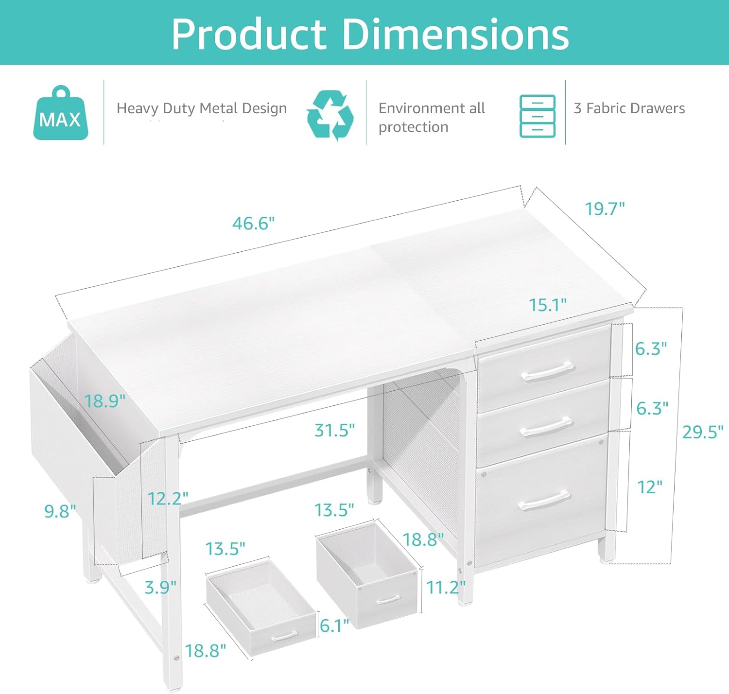 White 47" Desk With File Cabinet