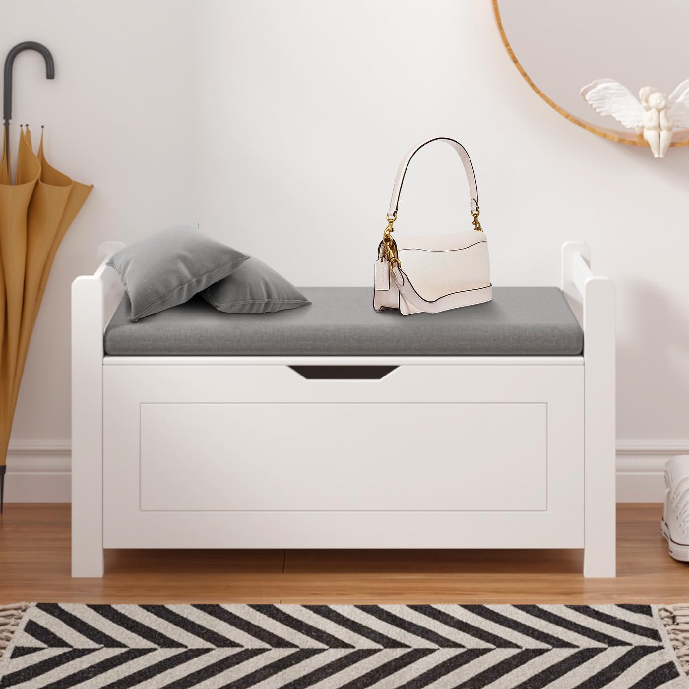 White Wooden Cushioned Entryway Storage Bench Chest