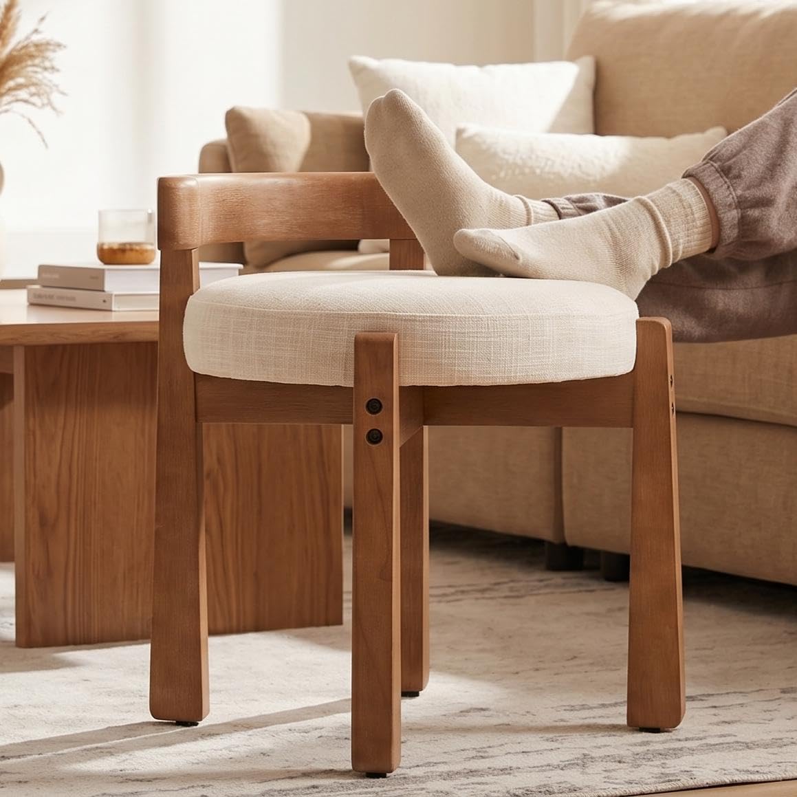 Beige Linen Low‑Back Makeup Ottoman Stool