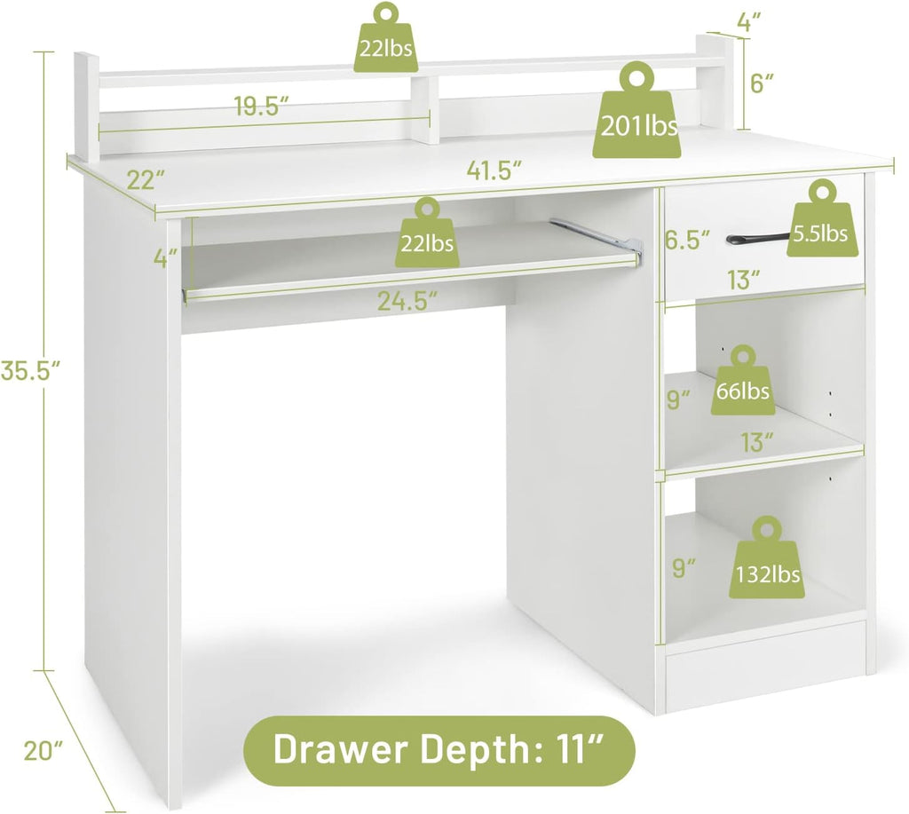 White 22" Desk With Keyboard Tray & Hutch