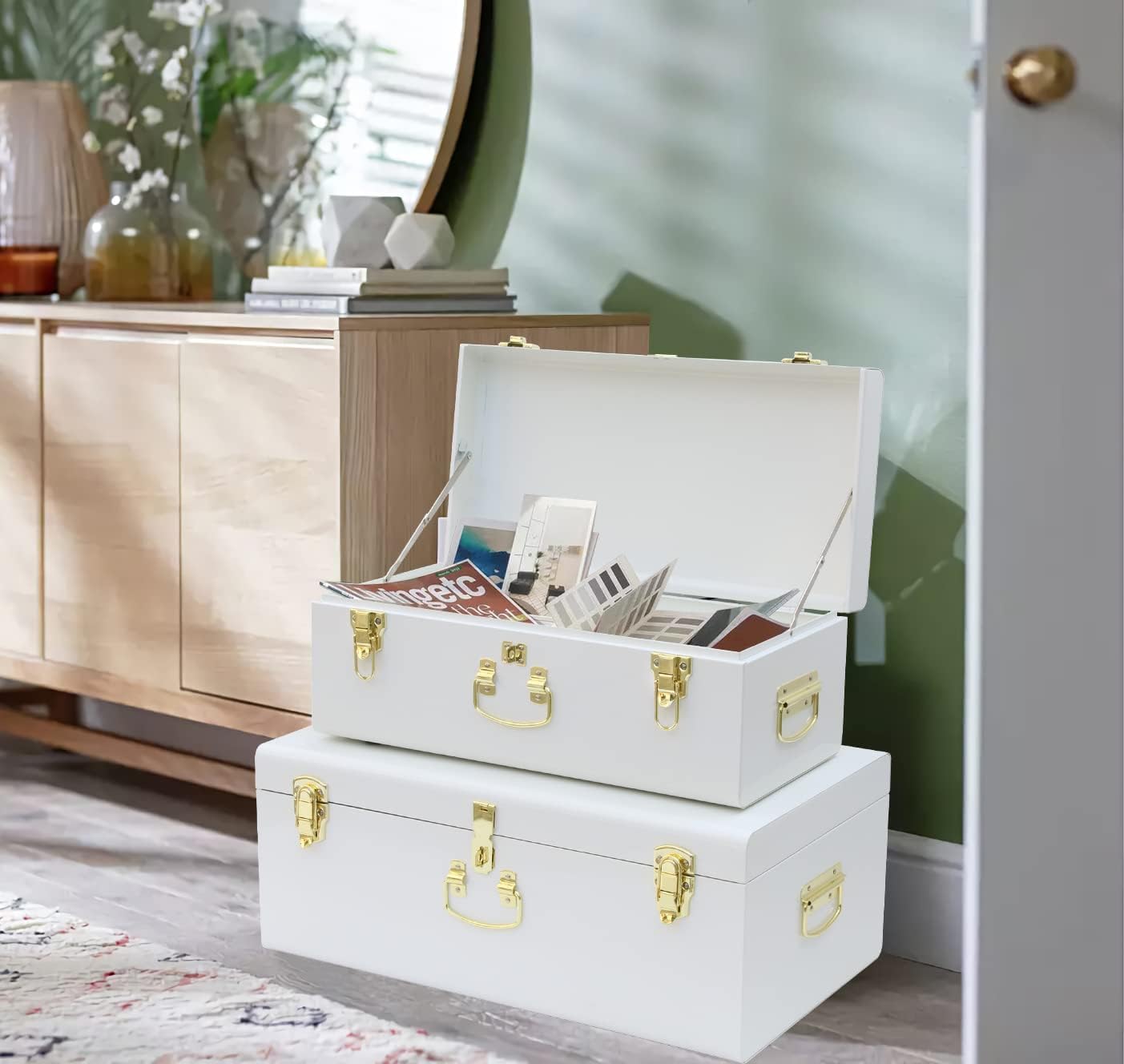 White Metal Storage Trunks Set Of 2