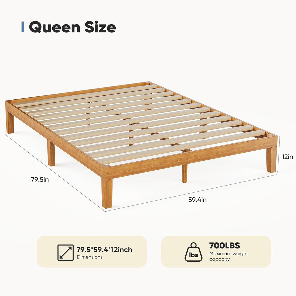 Natural Pine 12" Queen Wood Platform Bed Frame
