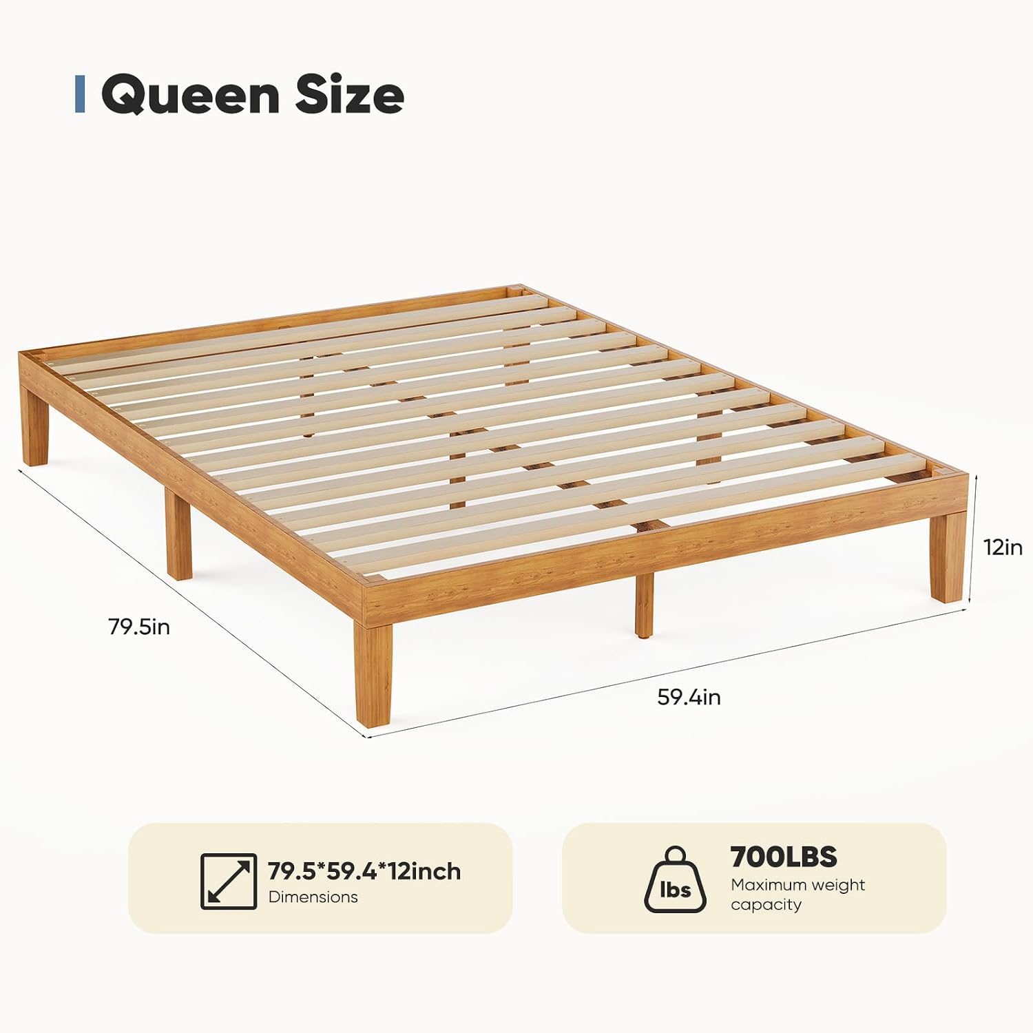 Natural Pine 12" Queen Wood Platform Bed Frame