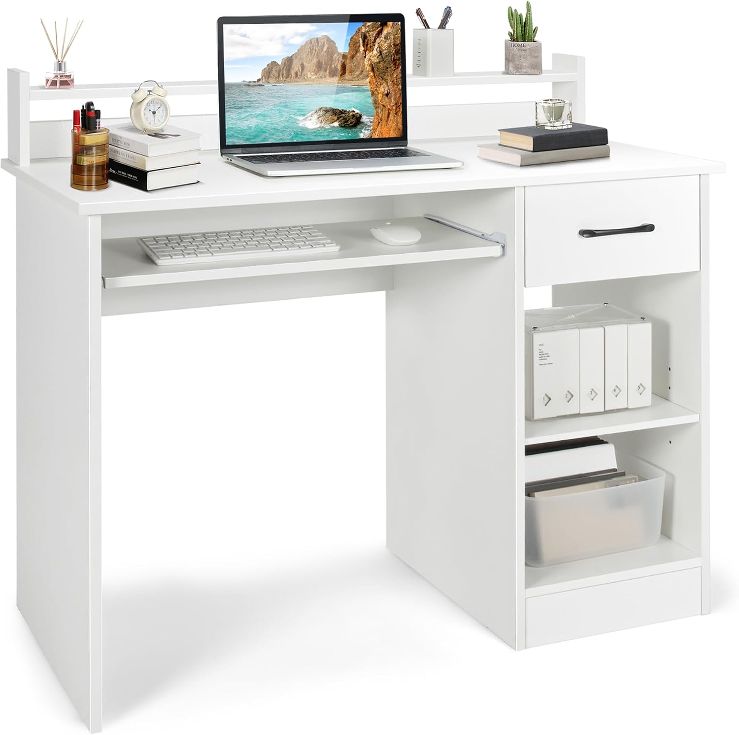 White 22" Desk With Keyboard Tray & Hutch