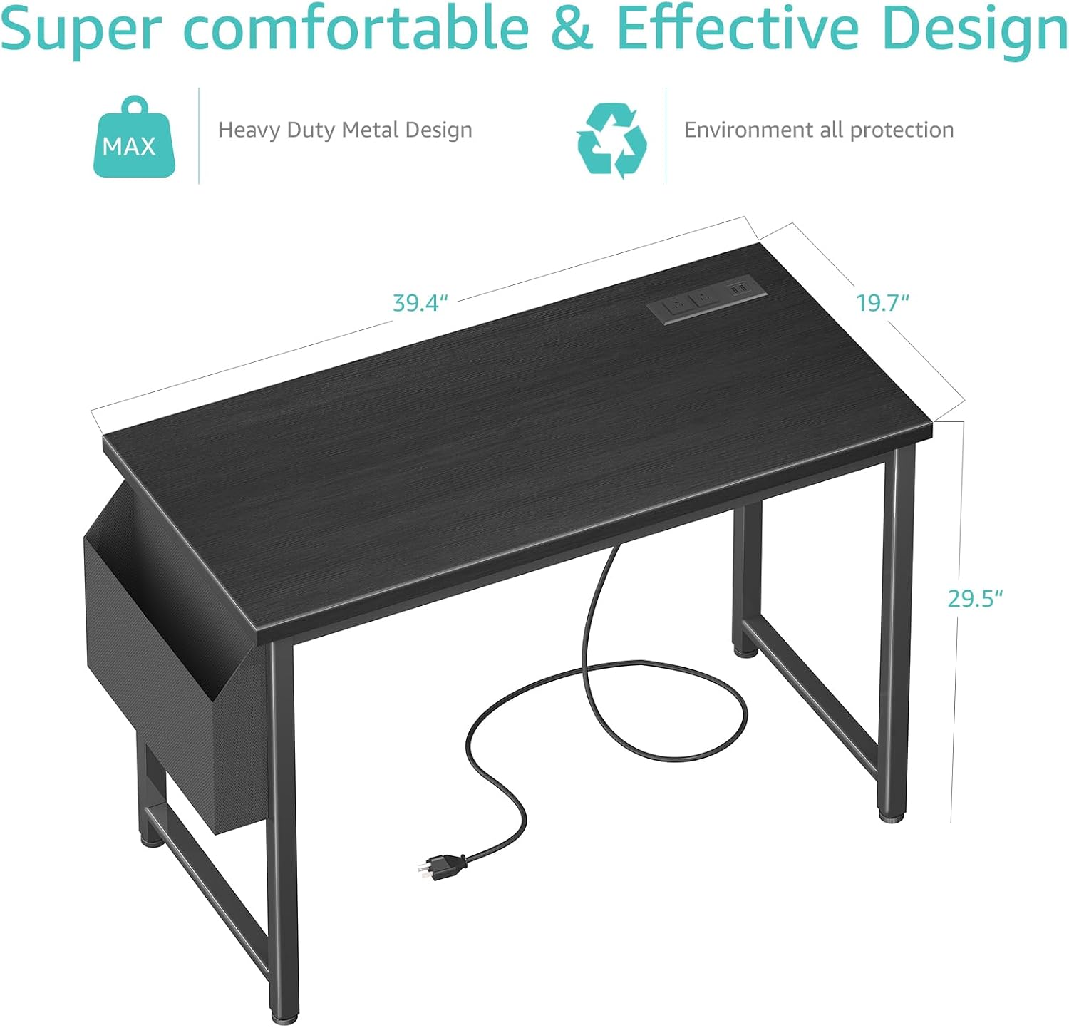 Black 39" Desk With Power Outlet