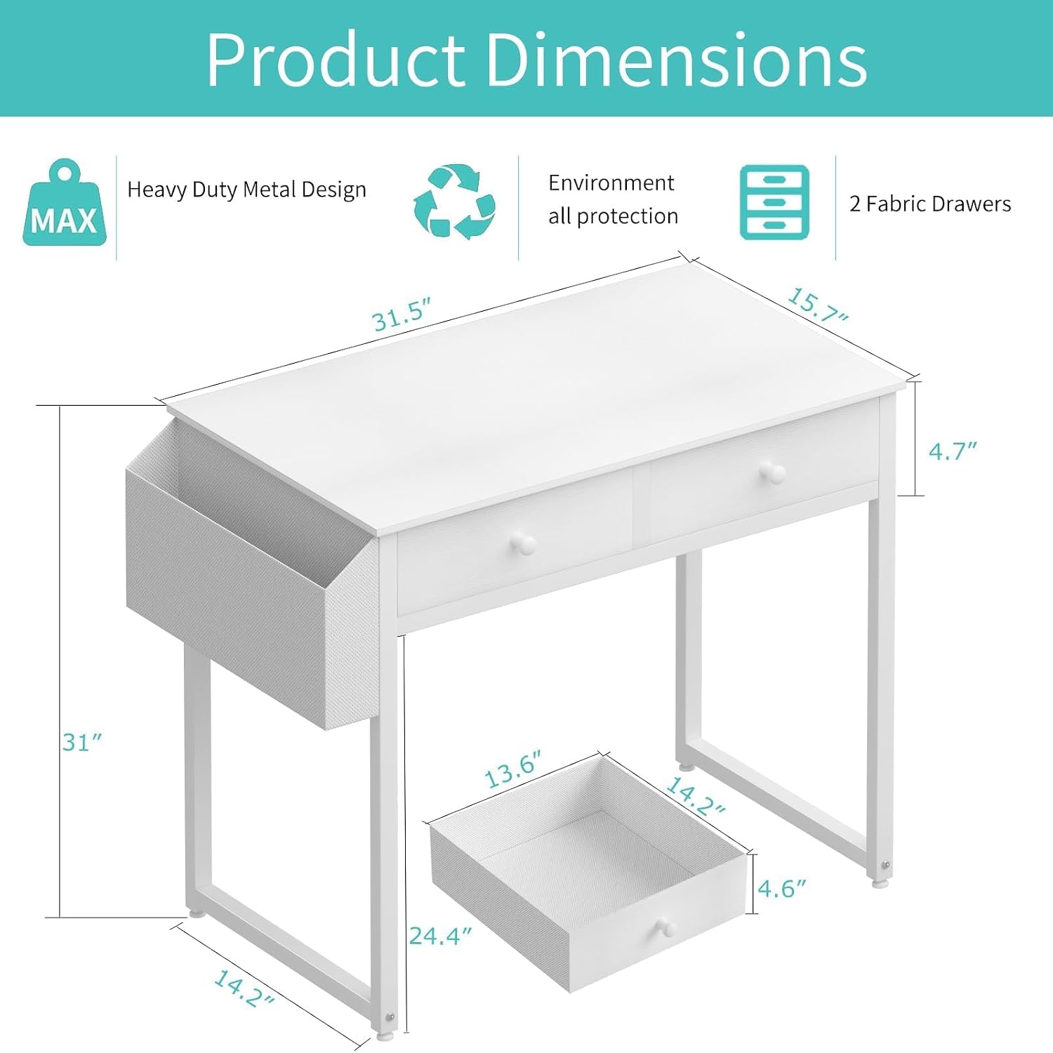 White 32" Kids Study Vanity Desk