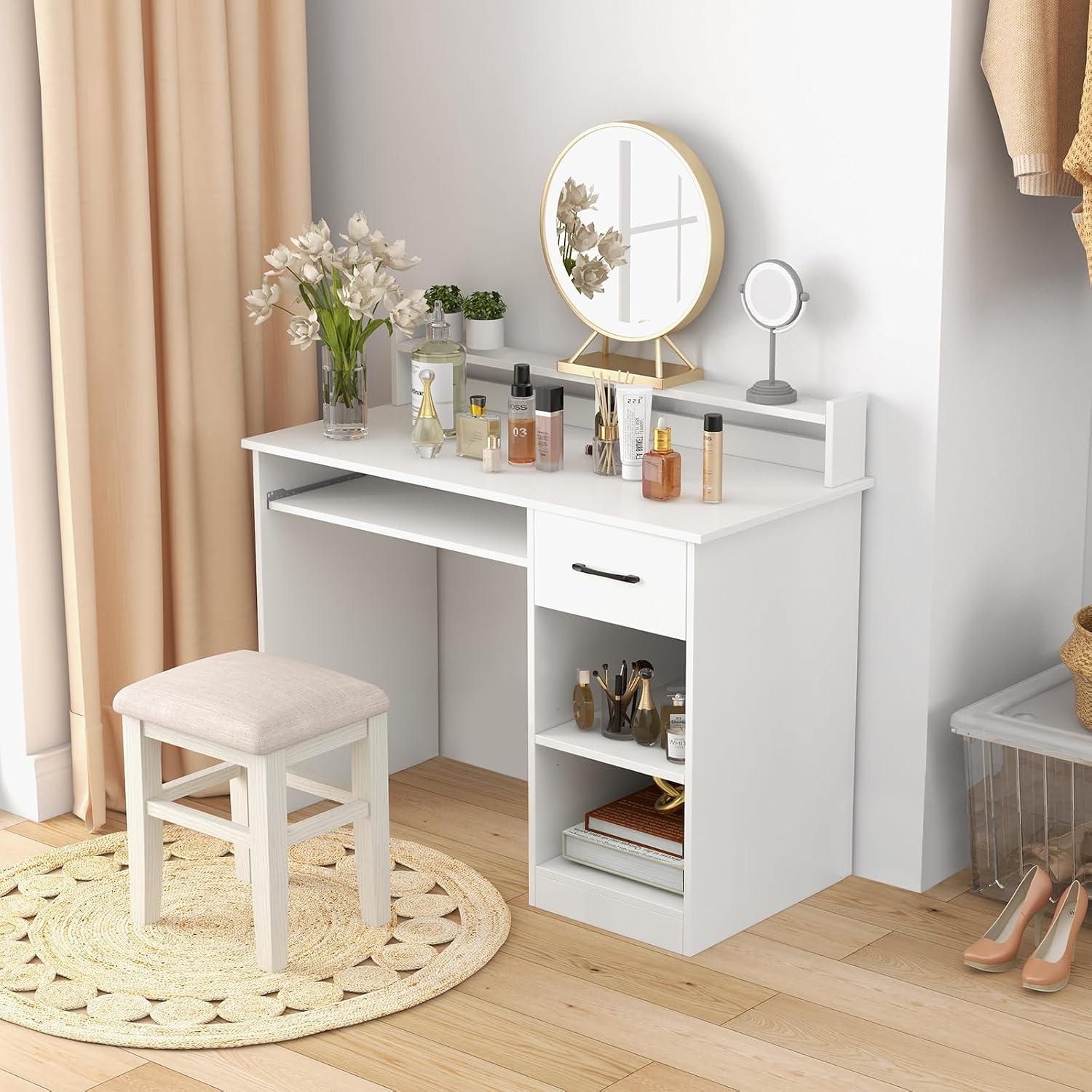 White 22" Desk With Keyboard Tray & Hutch