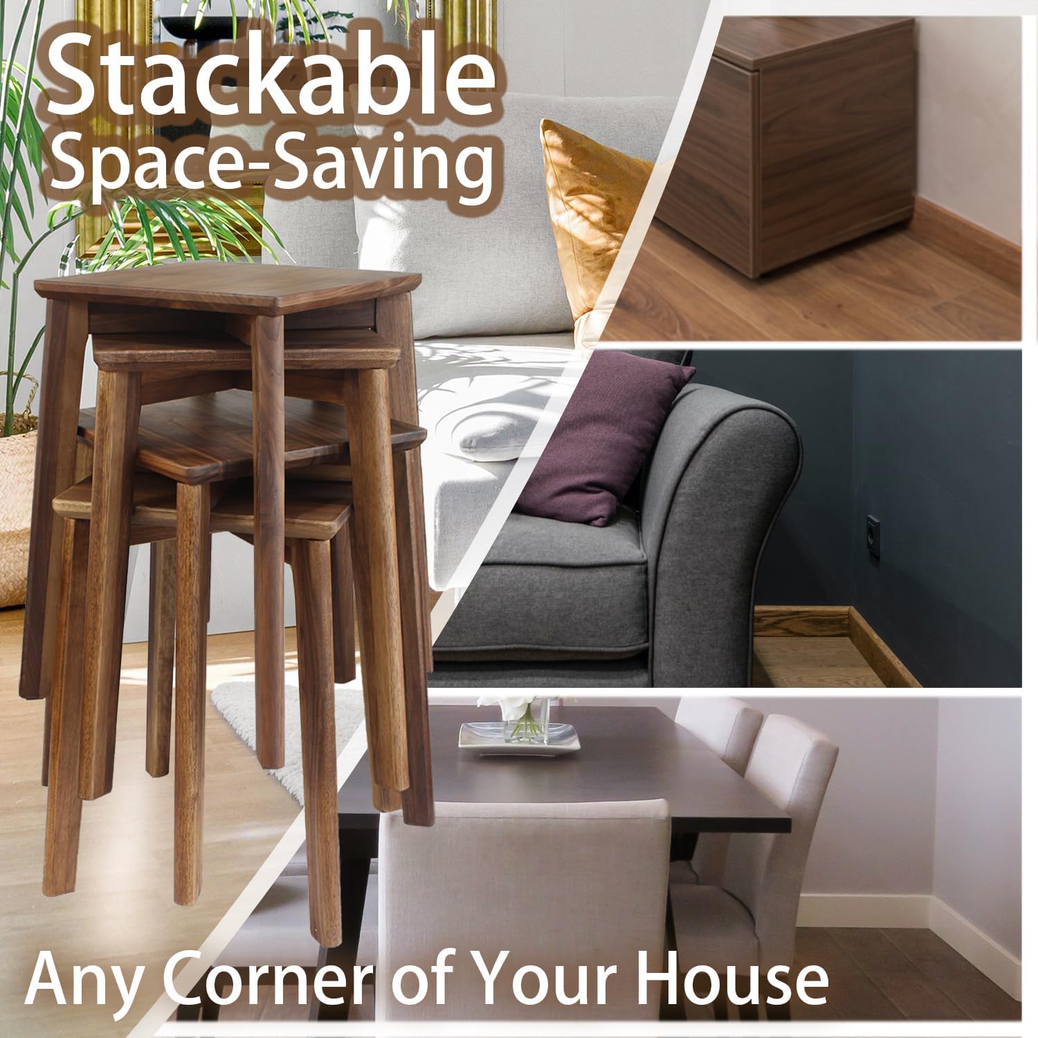 18" Walnut Wood Stackable Square Stool