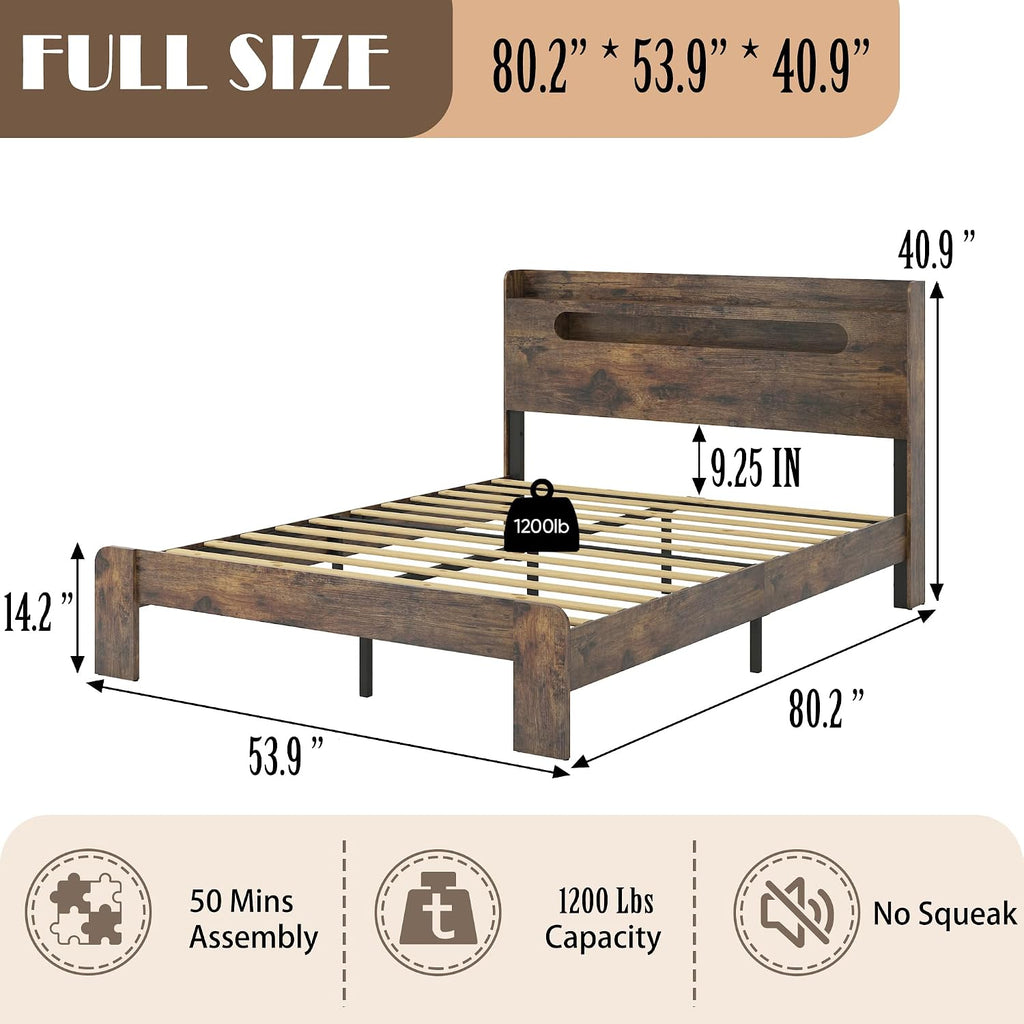 Brown Full Platform Bed Frame With Storage Headboard & LED