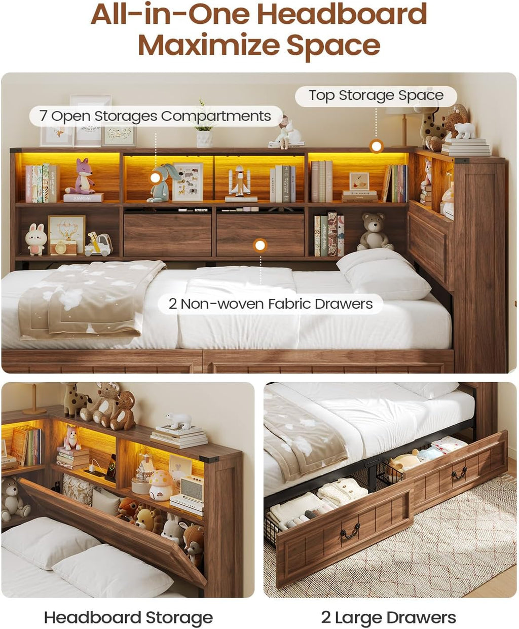 Wood Twin Corner Daybed With Drawers & LED Headboard