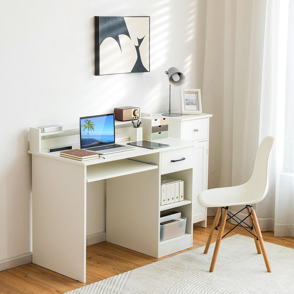 White 22" Desk With Keyboard Tray & Hutch