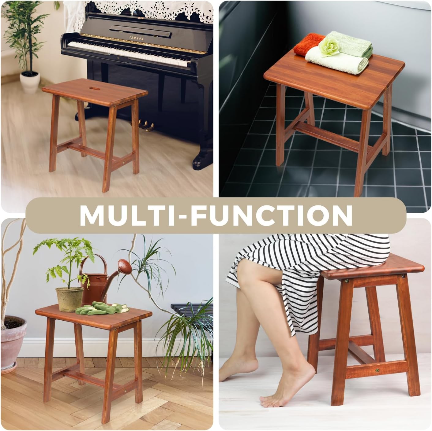 Rectangular Light Brown Acacia Wood Small Bench Stool