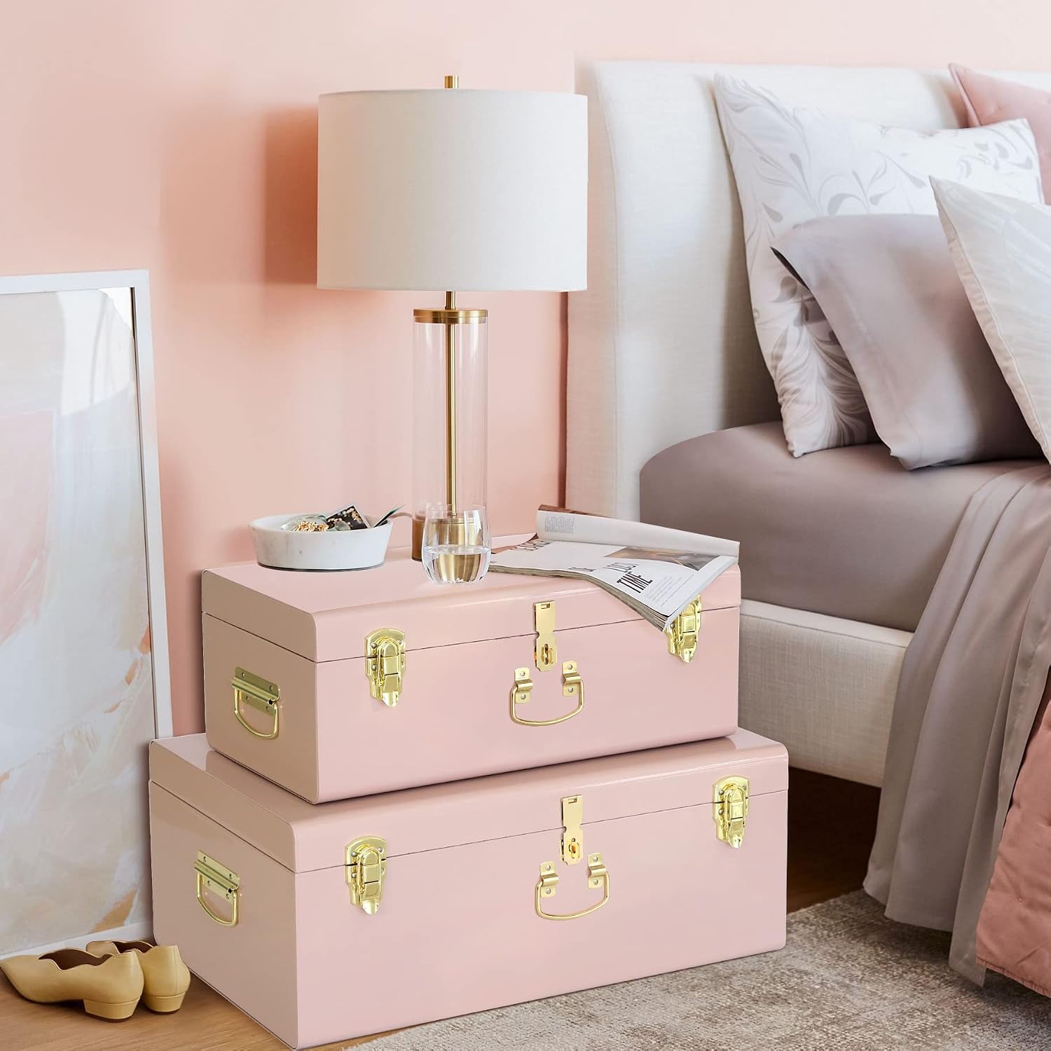 Pink Metal Storage Trunks Set Of 2