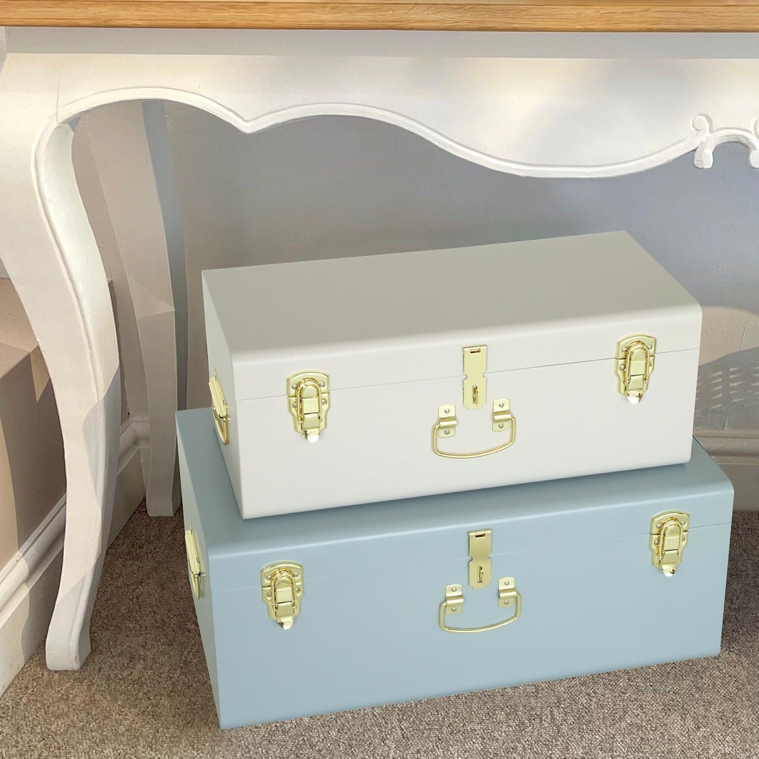 White‑Blue Metal Storage Trunks Set Of 2