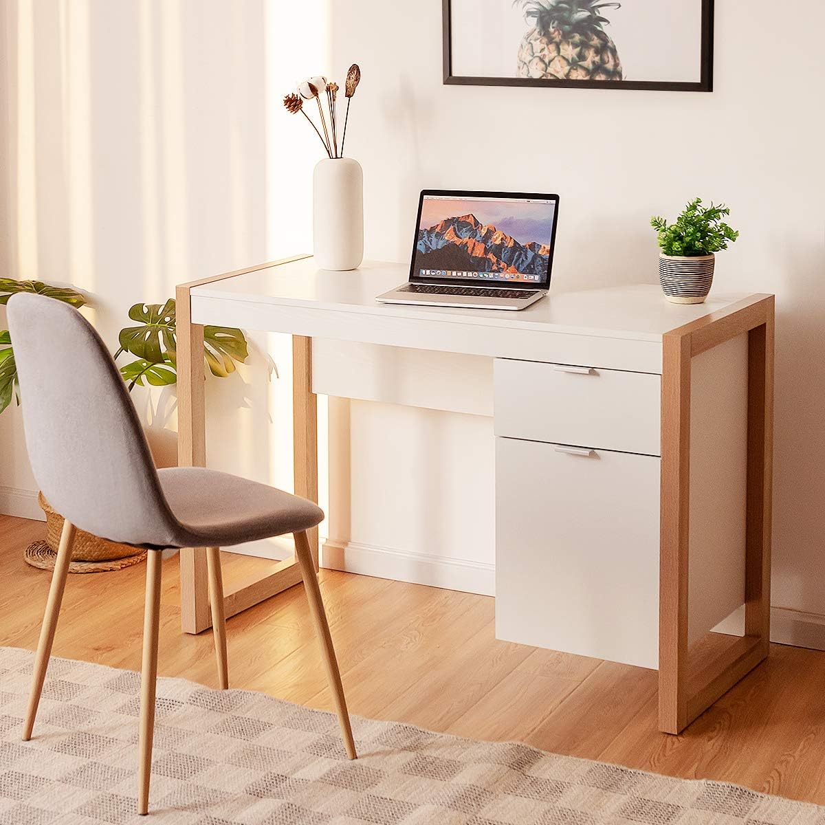 White‑Natural Wooden Office Desk With Storage