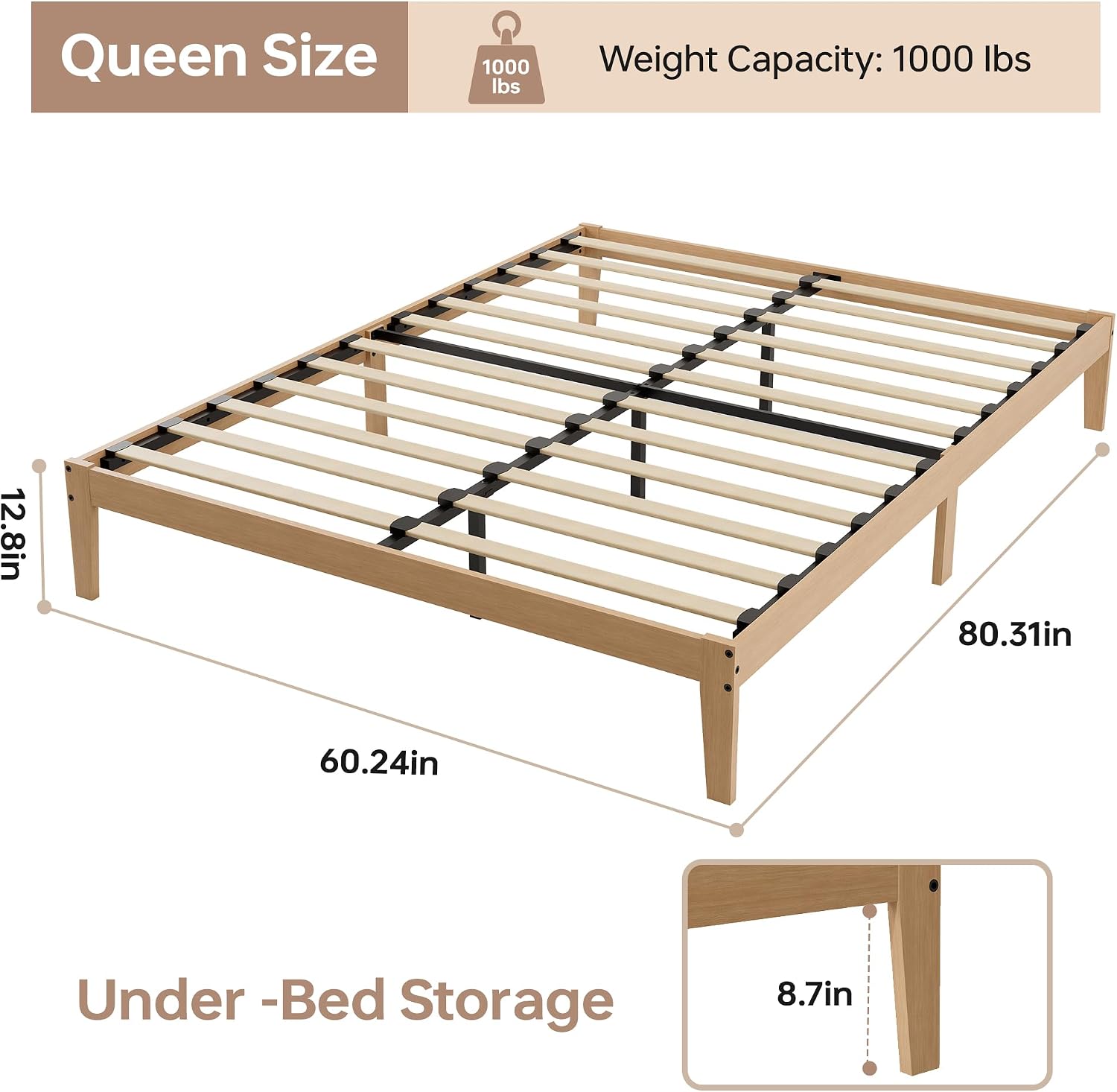Queen Size Rubberwood Platform Bed Frame