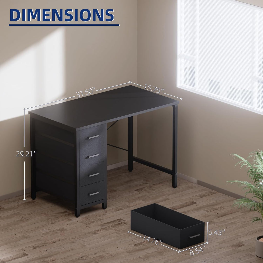 Grey 32" Small Desk With 4 Drawers