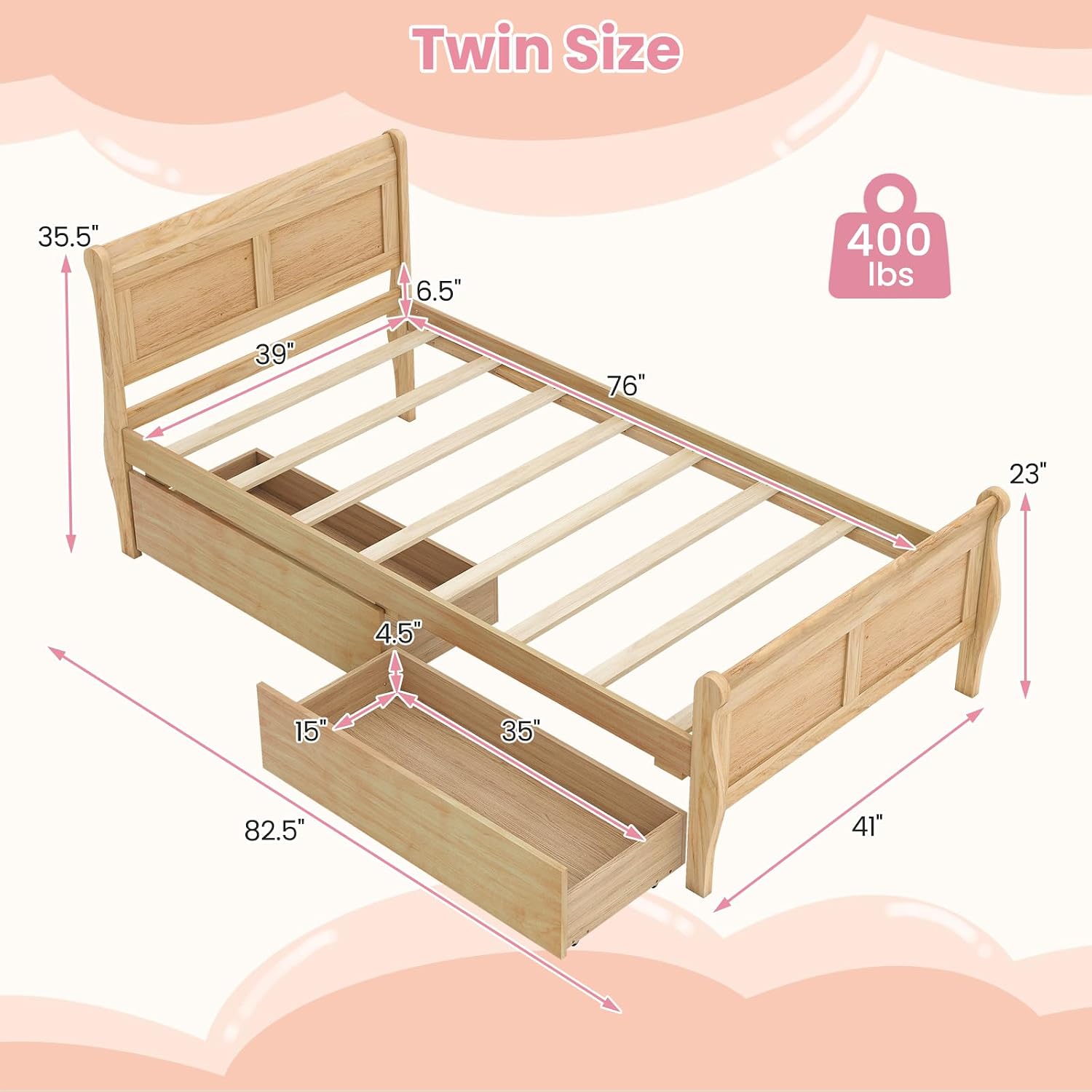 Natural Twin Storage Bed With 2 Drawers