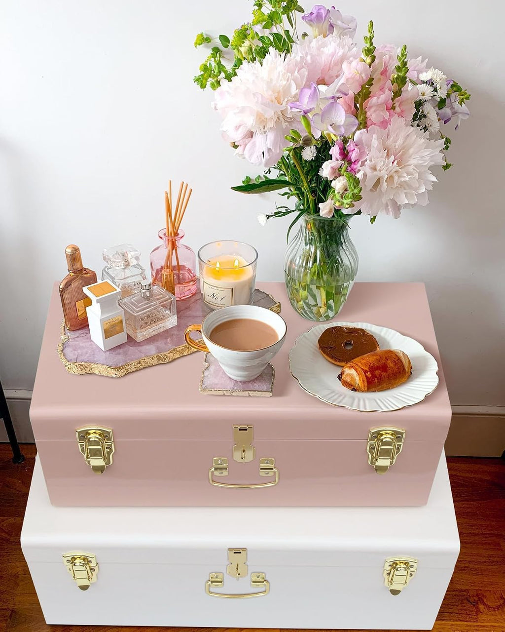 Pink‑White Metal Storage Trunks Set Of 2