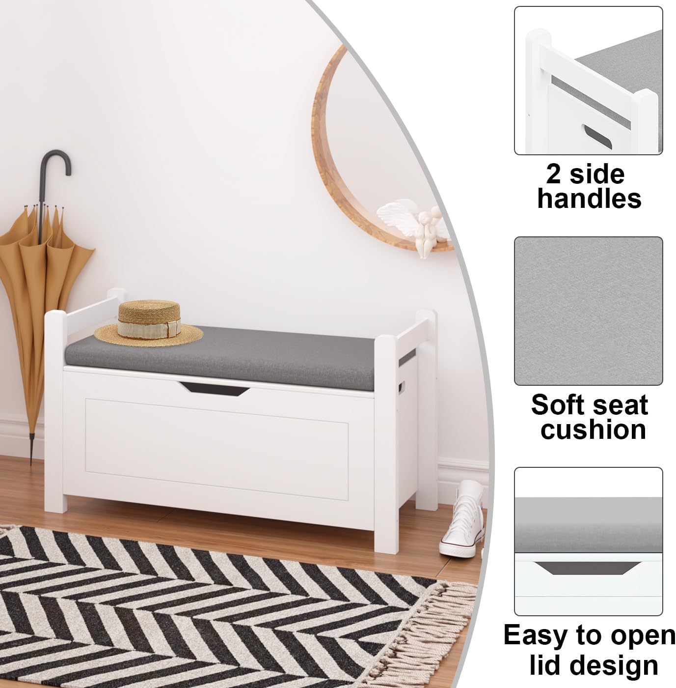 White Wooden Cushioned Entryway Storage Bench Chest