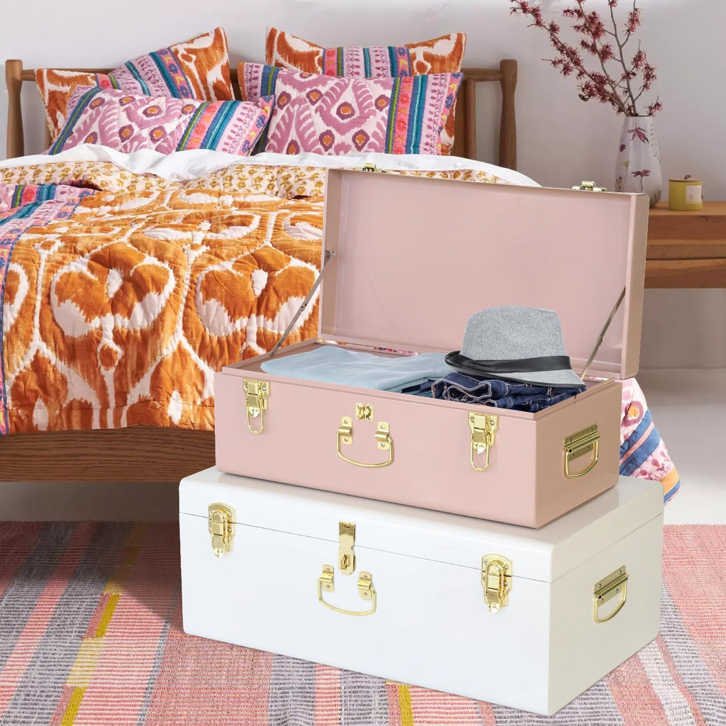 Pink‑White Metal Storage Trunks Set Of 2