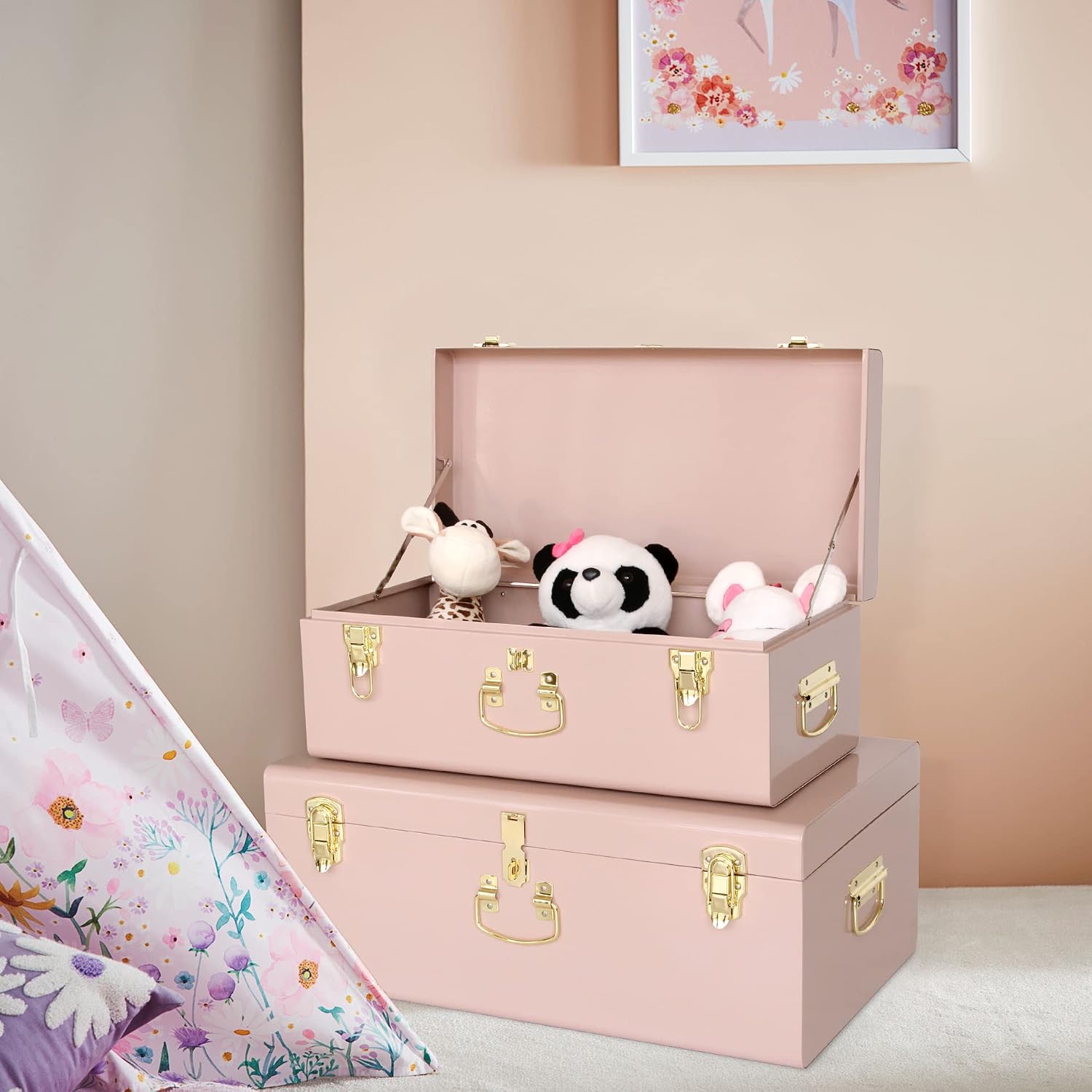 Pink Metal Storage Trunks Set Of 2