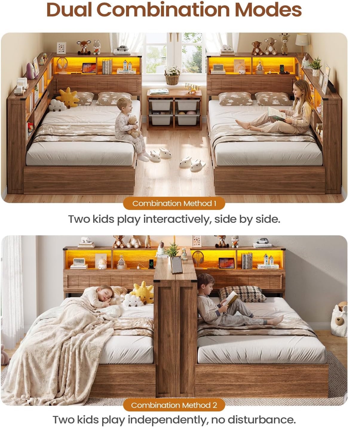 Wood Twin Corner Daybed With Drawers & LED Headboard