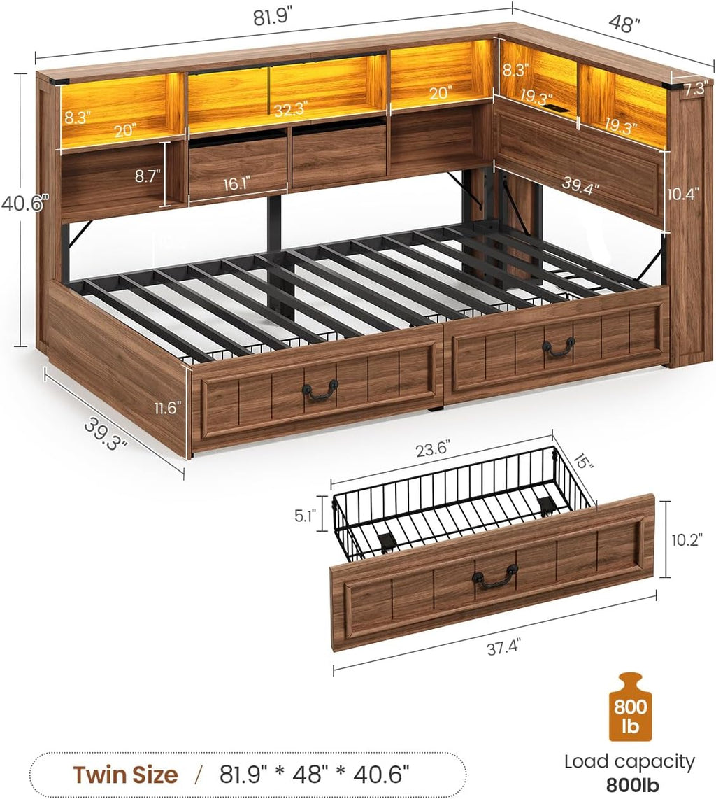 Wood Twin Corner Daybed With Drawers & LED Headboard
