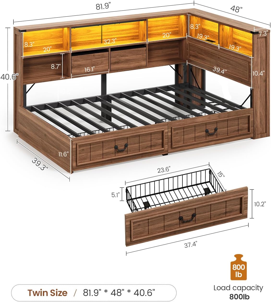 Wood Twin Corner Daybed With Drawers & LED Headboard