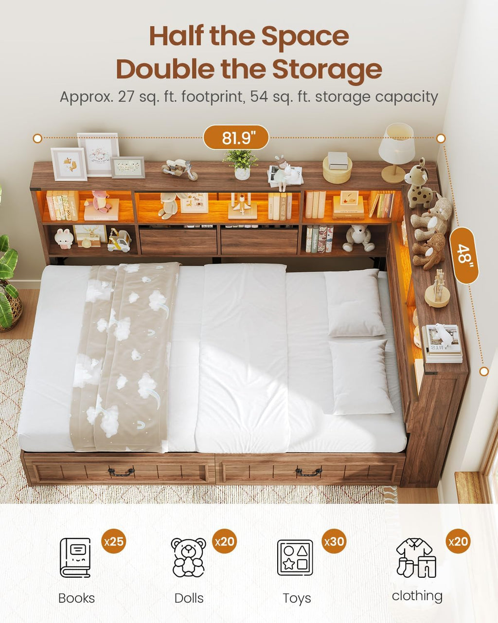 Wood Twin Corner Daybed With Drawers & LED Headboard