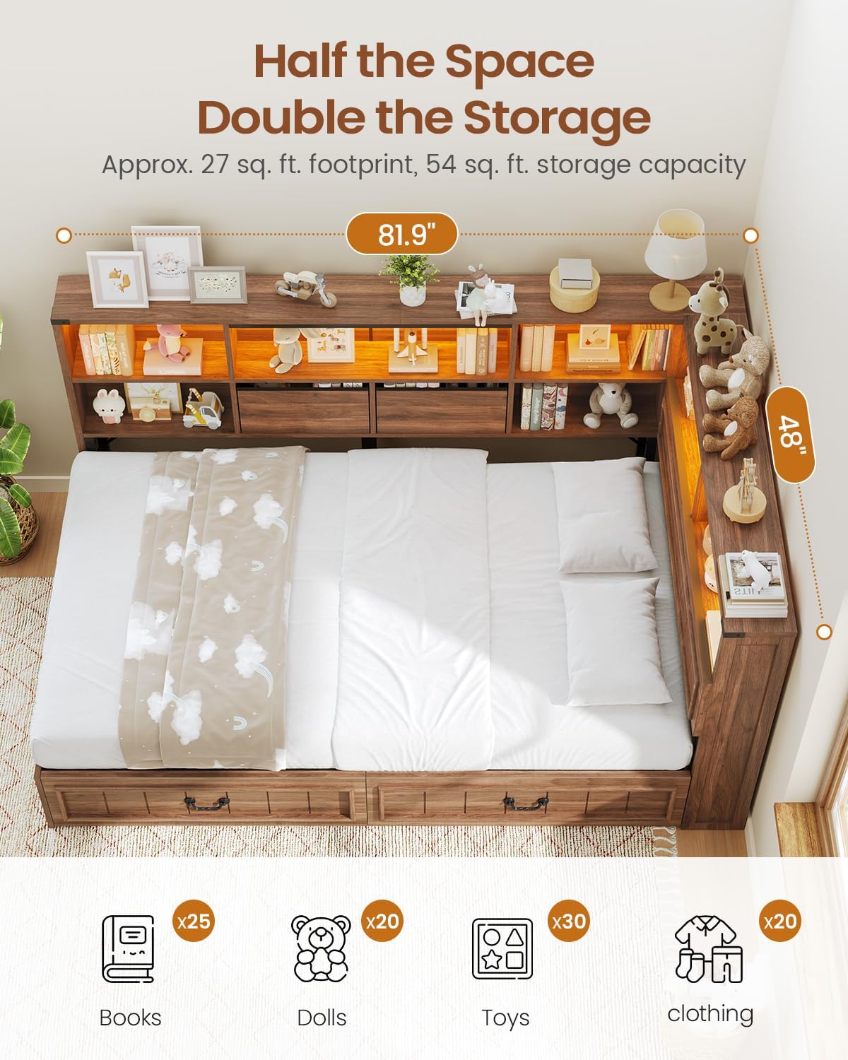 Wood Twin Corner Daybed With Drawers & LED Headboard