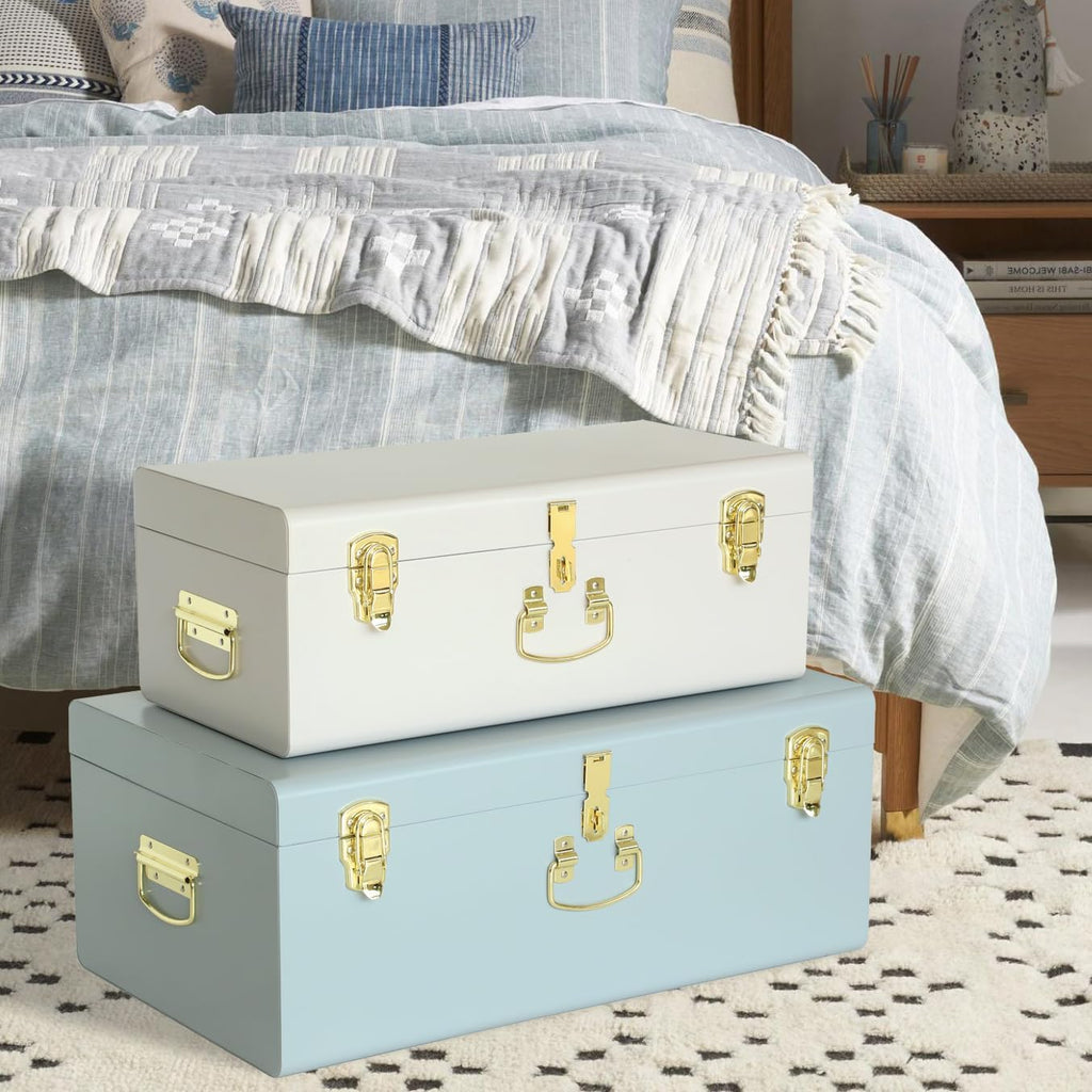 White‑Blue Metal Storage Trunks Set Of 2
