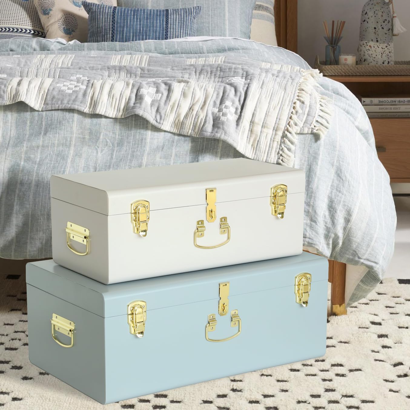 White‑Blue Metal Storage Trunks Set Of 2