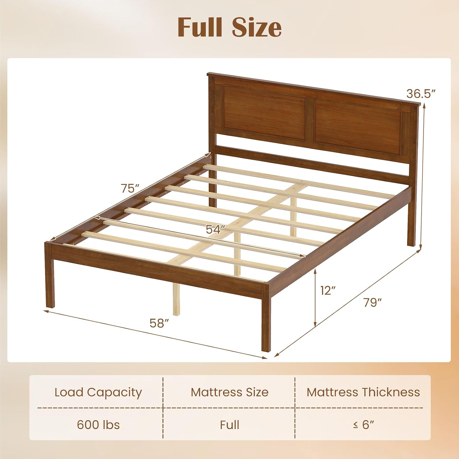 Walnut Full Size Wood Platform Bed Frame