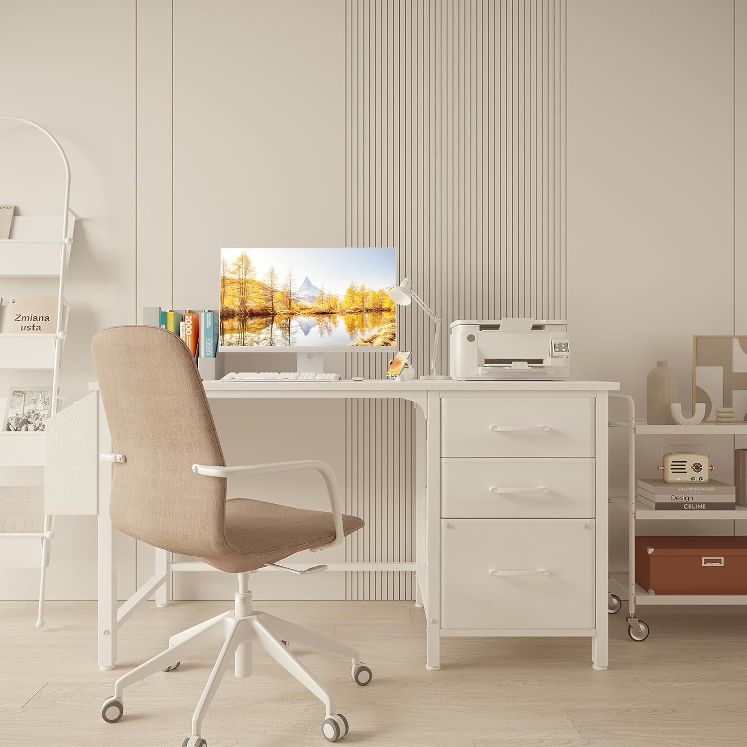 White 47" Desk With File Cabinet