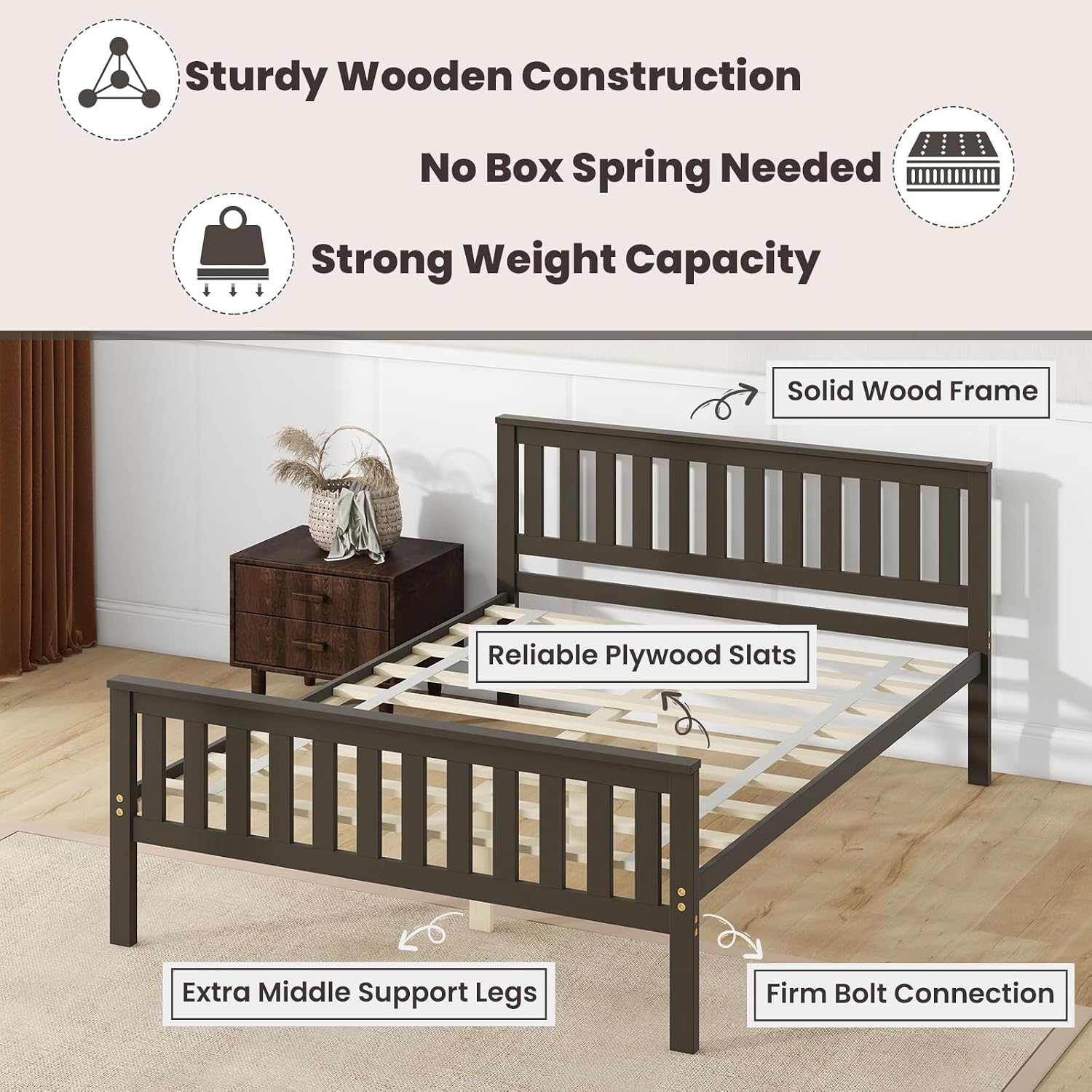 Espresso Full Size Wood Platform Bed Frame