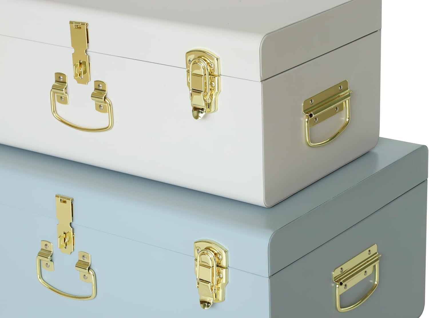 White‑Blue Metal Storage Trunks Set Of 2